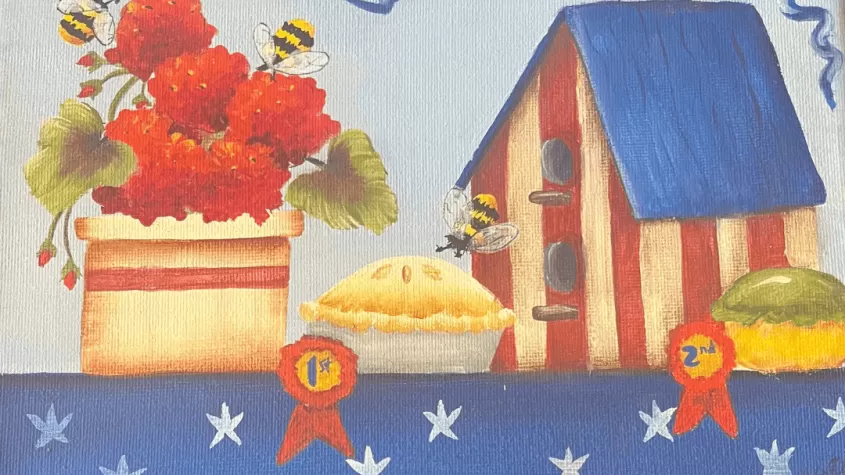 americana acrylic painting of red geraniums, American flag bird house, apple pie, star table cloth, 1st prize ribbons and bumble bees