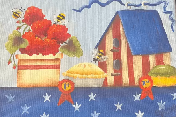 americana acrylic painting of red geraniums, American flag bird house, apple pie, star table cloth, 1st prize ribbons and bumble bees
