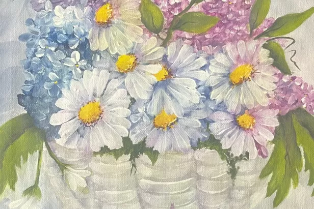 acrylic painting of a white basket with pastel spring flowers and fern leaves overflowing
