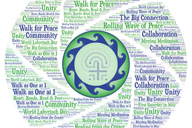 image of words in greens and blues making up a circle with labyrinth lines in it
