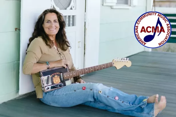 Ruth Wyand sitting on porch, ACMA logo in corner
